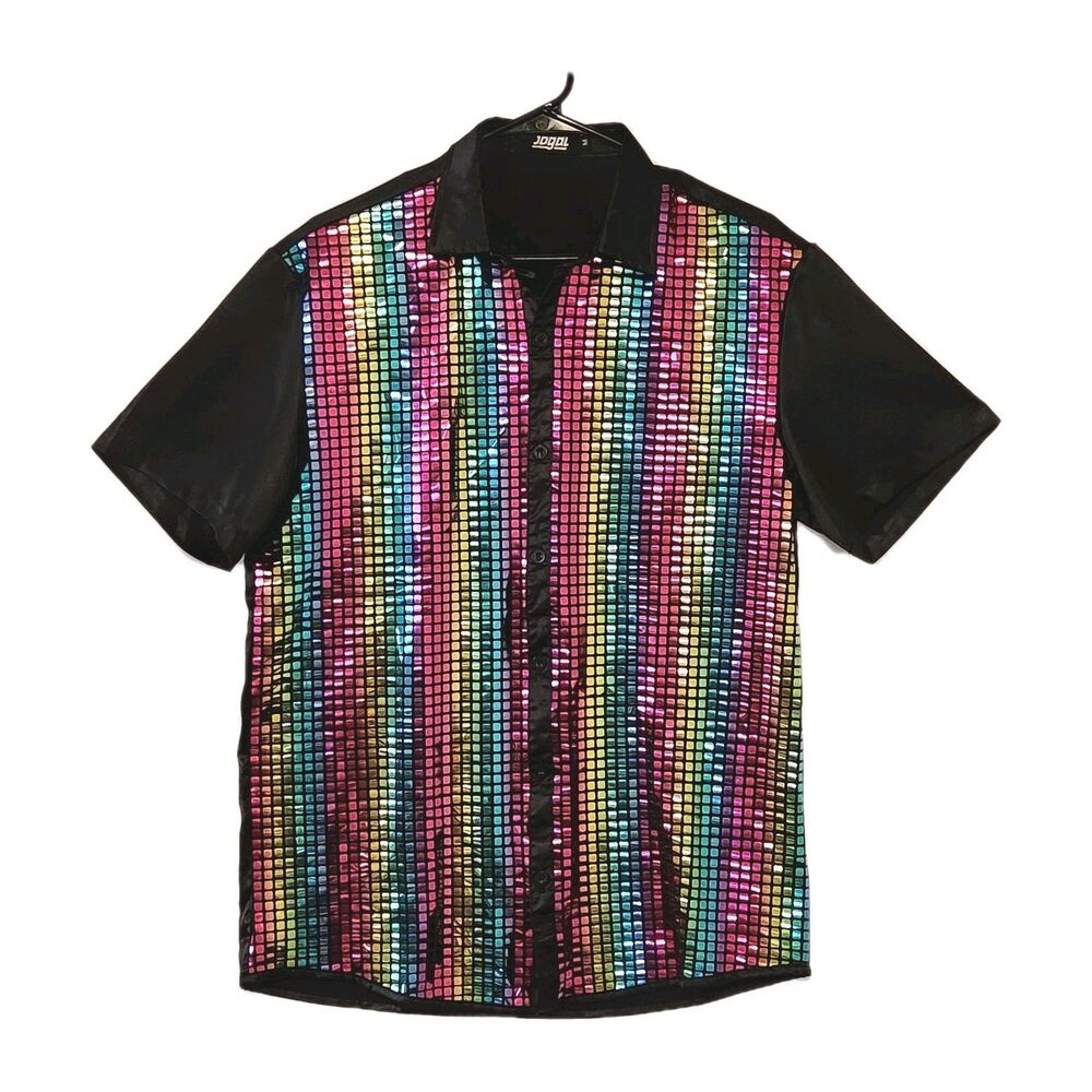 Jogal Rainbow Metallic Foil Grid Button Down Shirt Men's M Disco Pride Festival